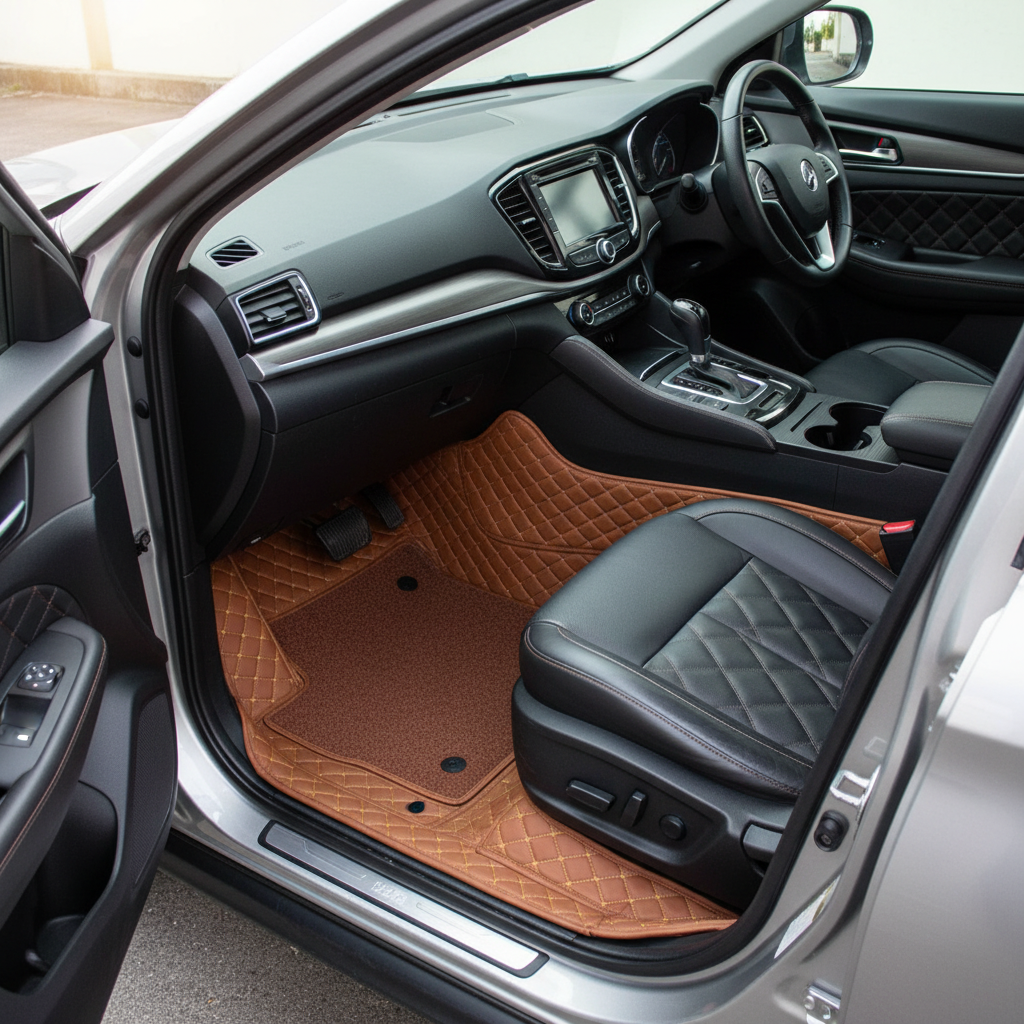 Proton X70 9D Floor Mats Mix Thread Grass 3 Pcs - Model 2021-2024 - Brown With Brown