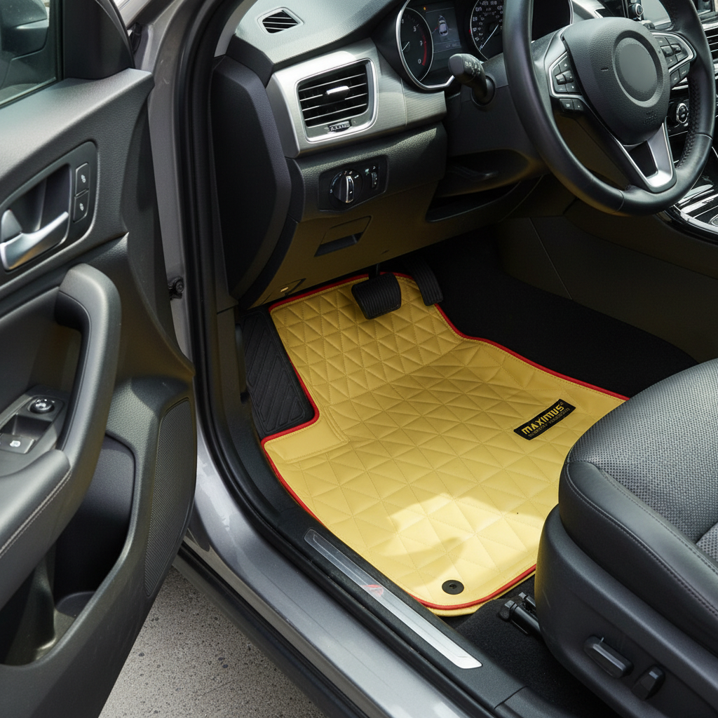 Universal PVC Rubber Floor Mat Beige Mix Design 5 Pcs - Rubber Floor Mats | Car Mats | Vehicle Mats | Foot Mat For Car