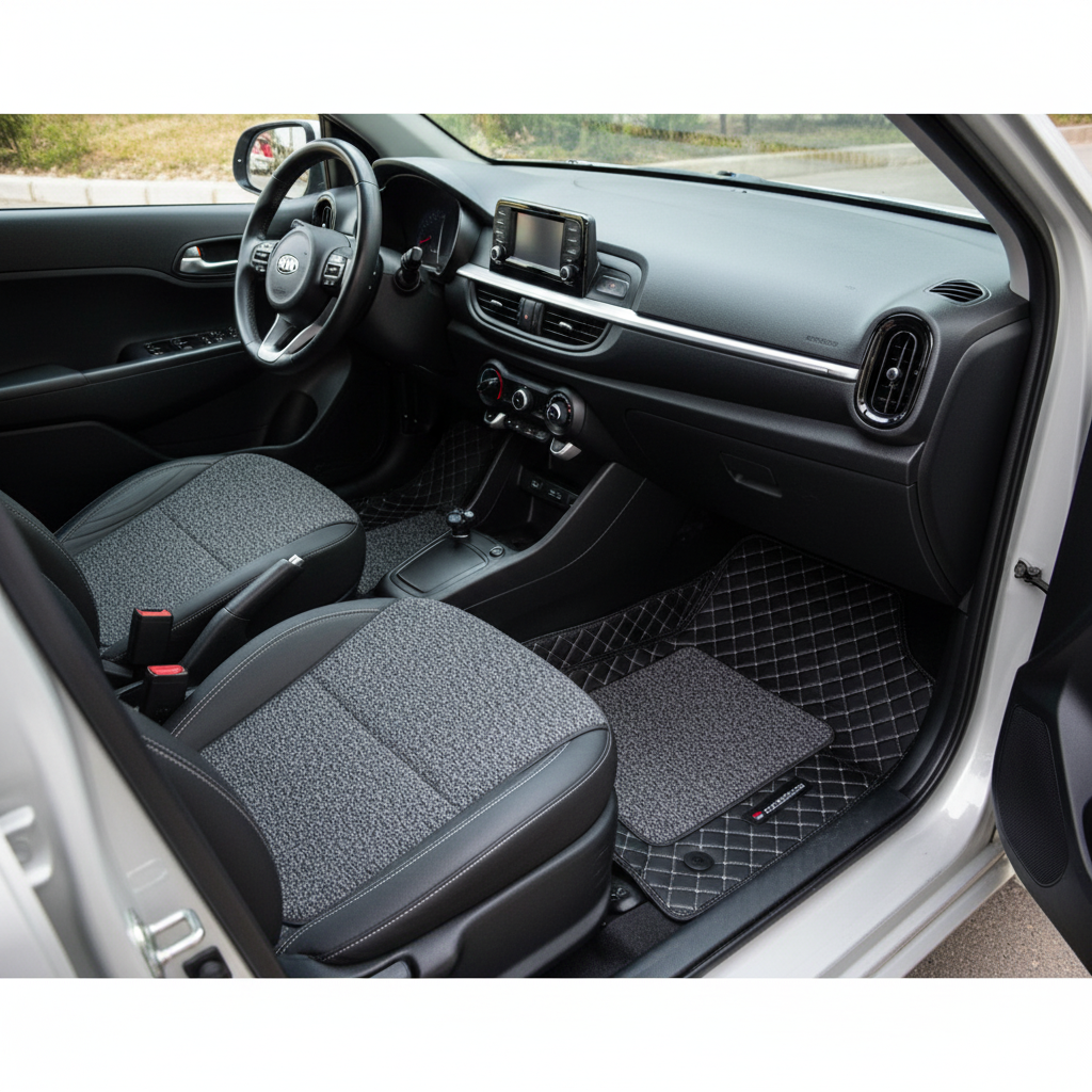 KIA Picanto 9D Custom Floor Mat Mix Thread Grass 3 Pcs 2019-2024 - Black With Grey
