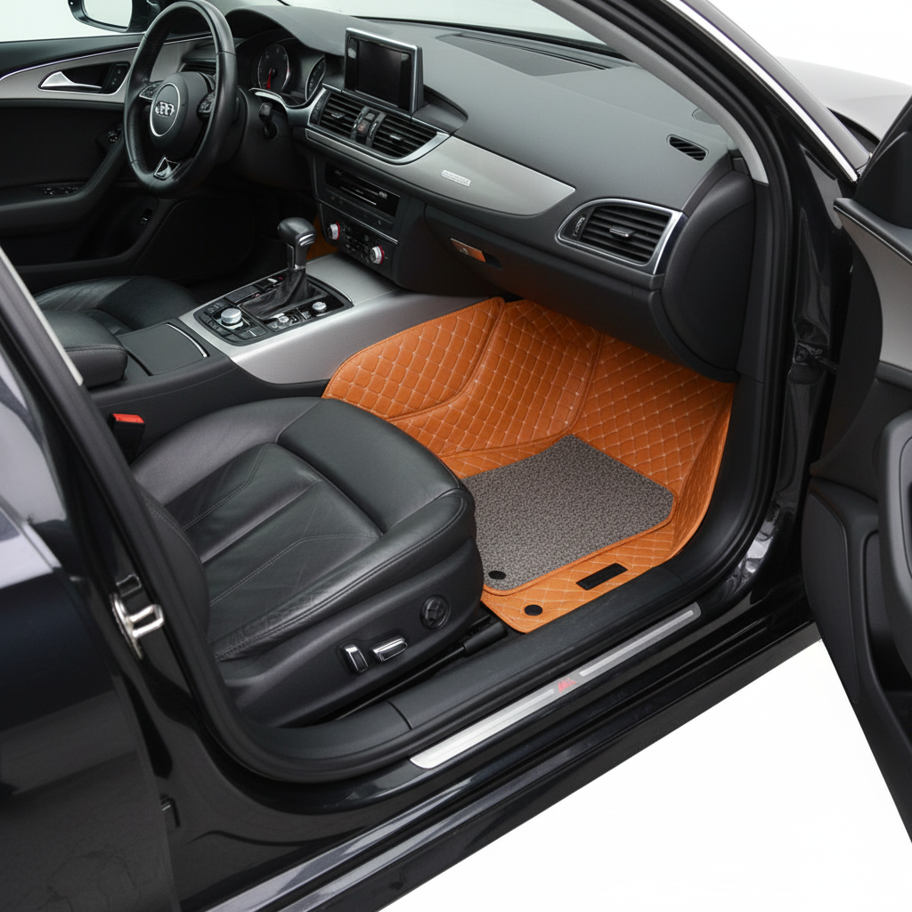 Audi A6 9D Luxury Floor Mats Mix Thread Grass 3 Pcs - Model 2011-2018 2011 - 2021 - Brown With Grey