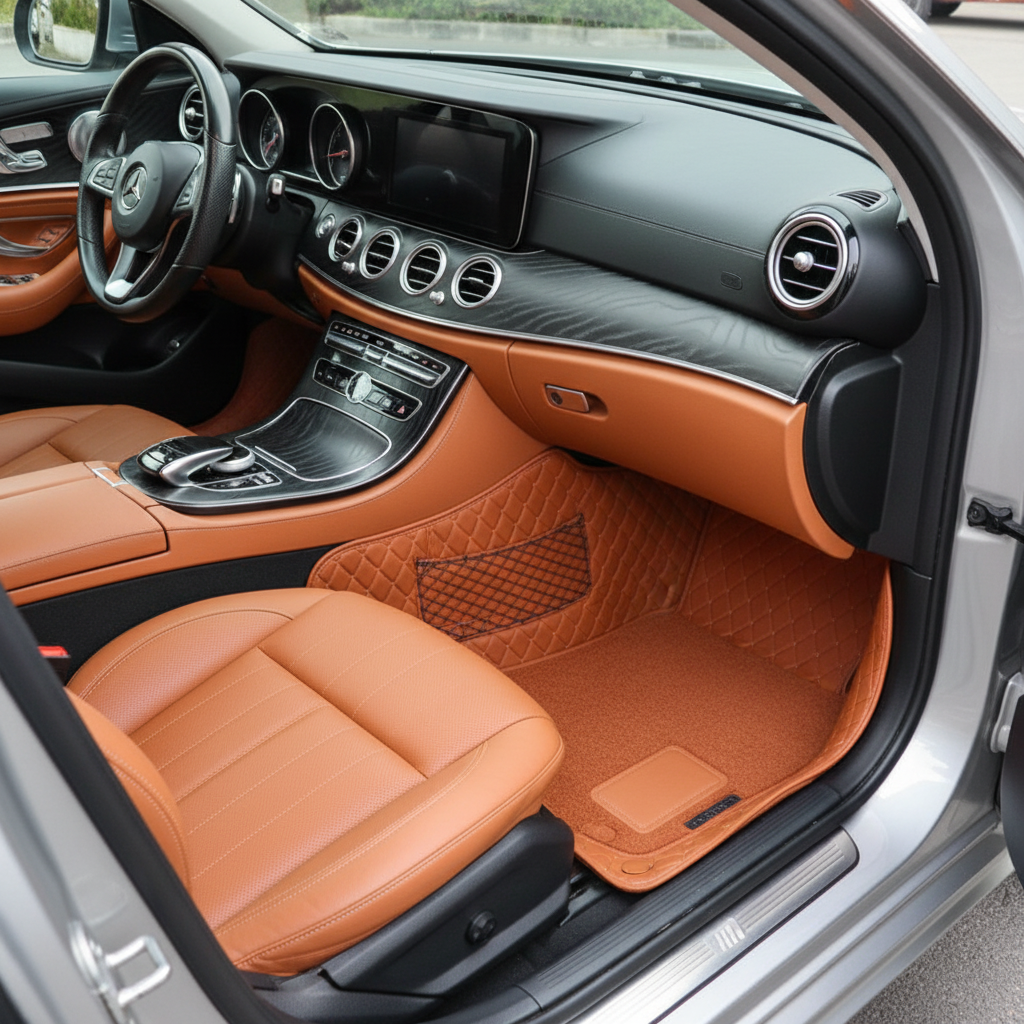 Mercedes Benz E-Class 9D Floor Mats Mix Thread 3 Pcs 2016-2018 - Brown and Brown