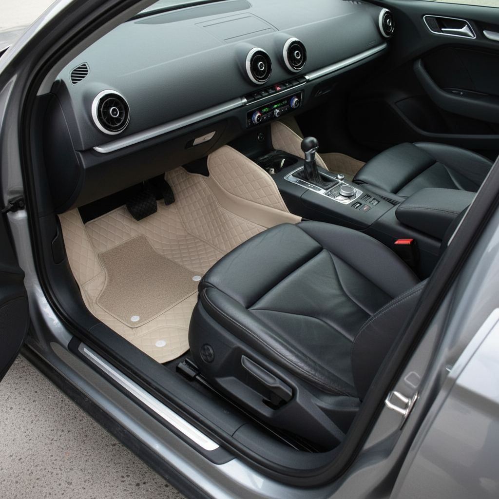 Audi A3 9D Floor Mats Mix Thread 3 Pcs - Model 2012-2018 - Beige With Beige Grass