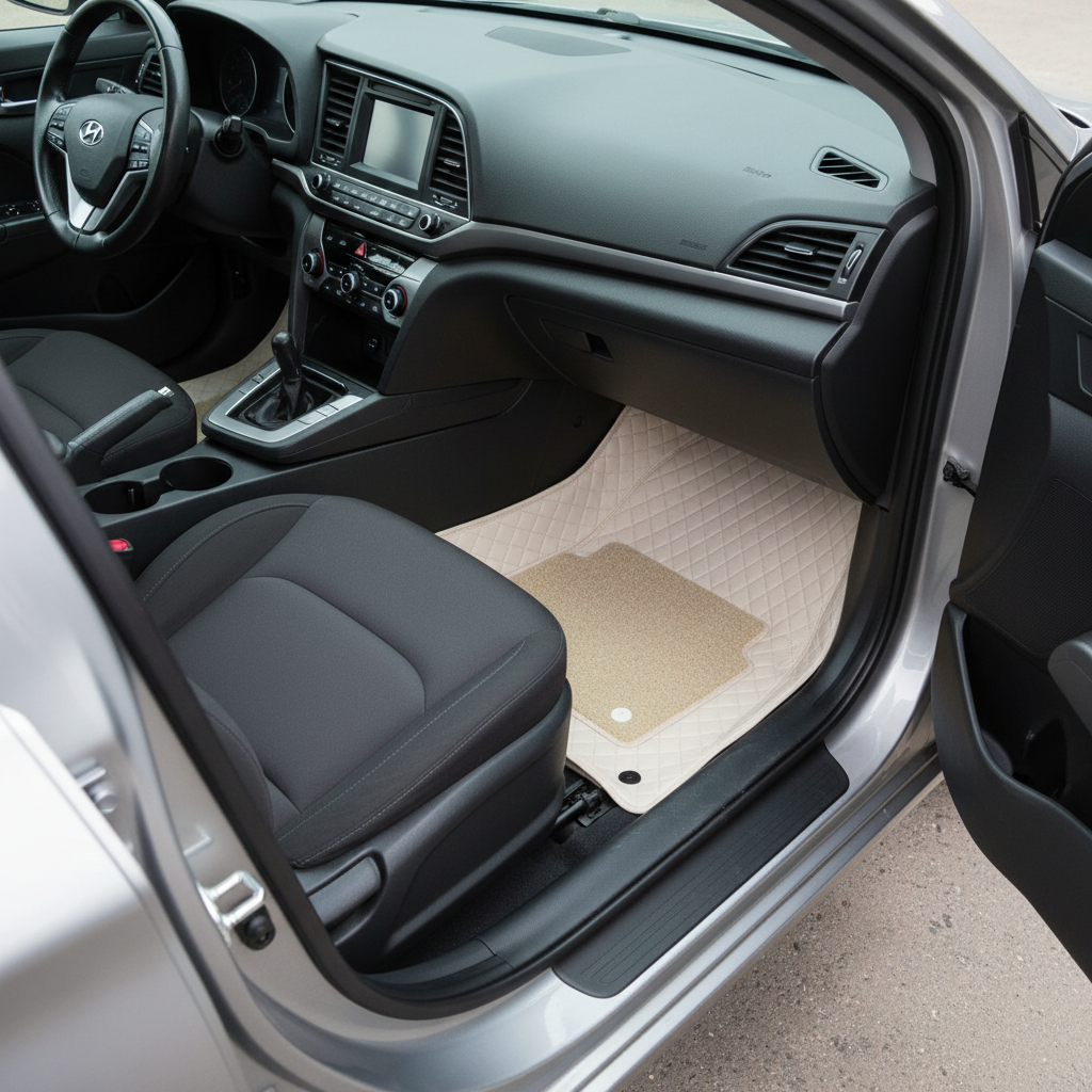 Hyundai Elantra 9D Floor Mats Mix Thread Grass 3 Pcs - Model 2021-2024 - Beige With Beige