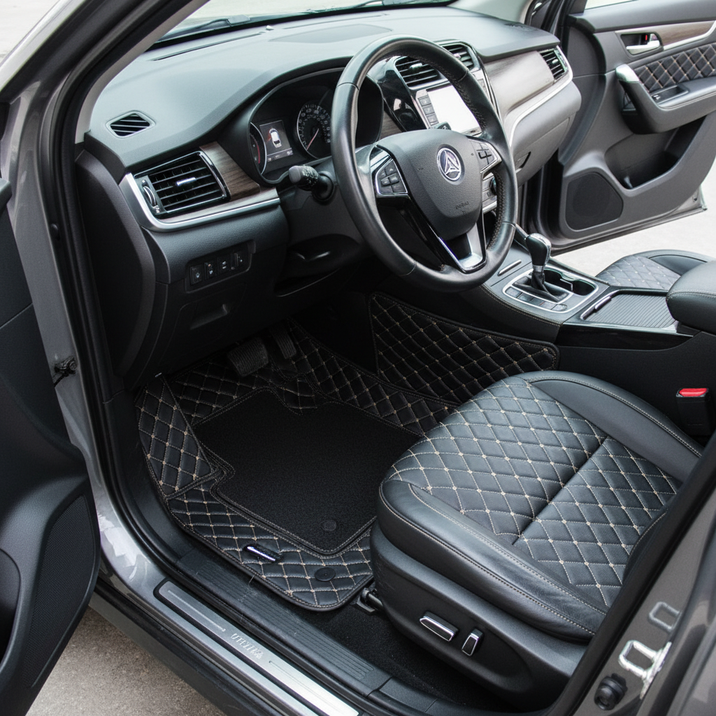 Proton X70 9D Floor Mats Mix Thread Grass 3 Pcs - Model 2021-2024 - Black With Black