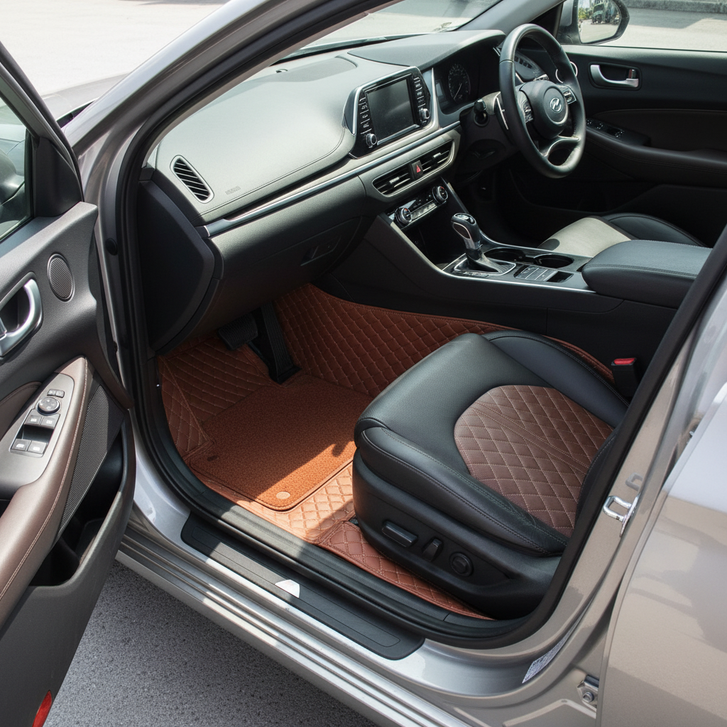 Hyundai Sonata 9D Floor Mats Mix Thread Grass 3 Pcs - Model 2021-2024 - Brown With Brown