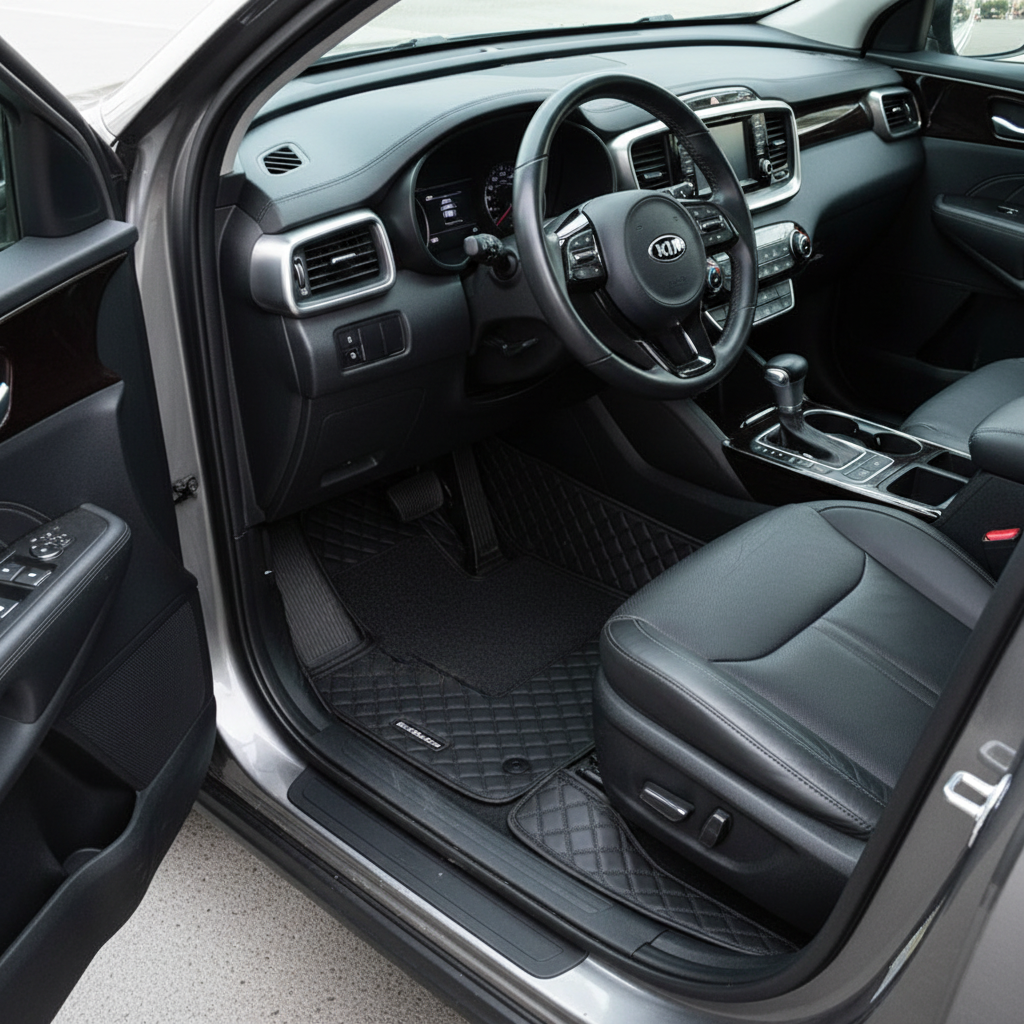 Kia Sorento 9D Floor Mats Mix Thread 3 Pcs 2021-2024 - - Black With Black Grass