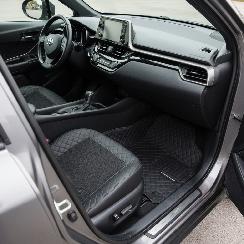 Toyota CHR 9D Floor Mats Mix Thread 3 Pcs 2017-2021 - Black With Black Grass