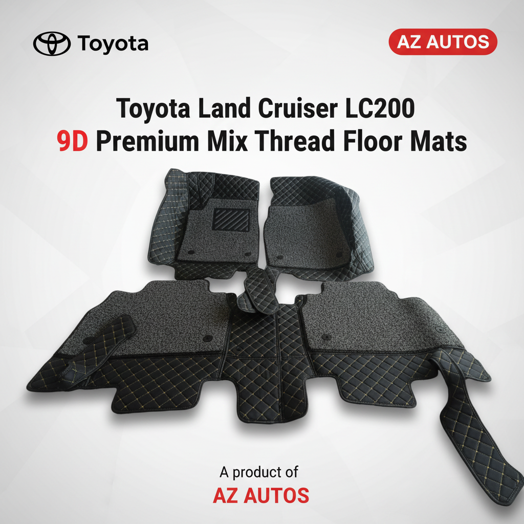 Toyota Land Cruiser LC200 9D Floor Mats 3 Pcs - Model 2016-2020 - Mix Thread Black With Grey Grass