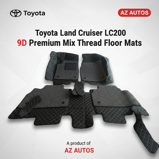 Toyota Land Cruiser LC200 9D Floor Mats 3 Pcs - Model 2016-2020 - Mix Thread Black With Grey Grass