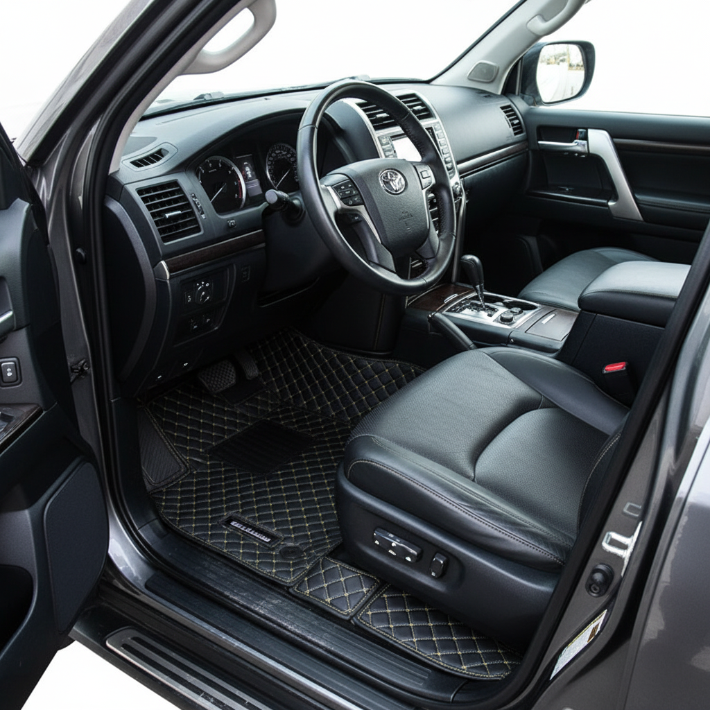 Toyota Land Cruiser LC200 9D Floor Mats 3 Pcs - Model 2016-2020 - Mix Thread Black With Grey Grass