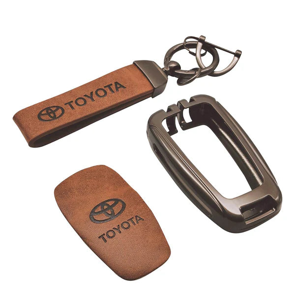 Toyota CHR Metal Key Shell with Brown Luxury Logo Key Chain - Model 2017 - 2024