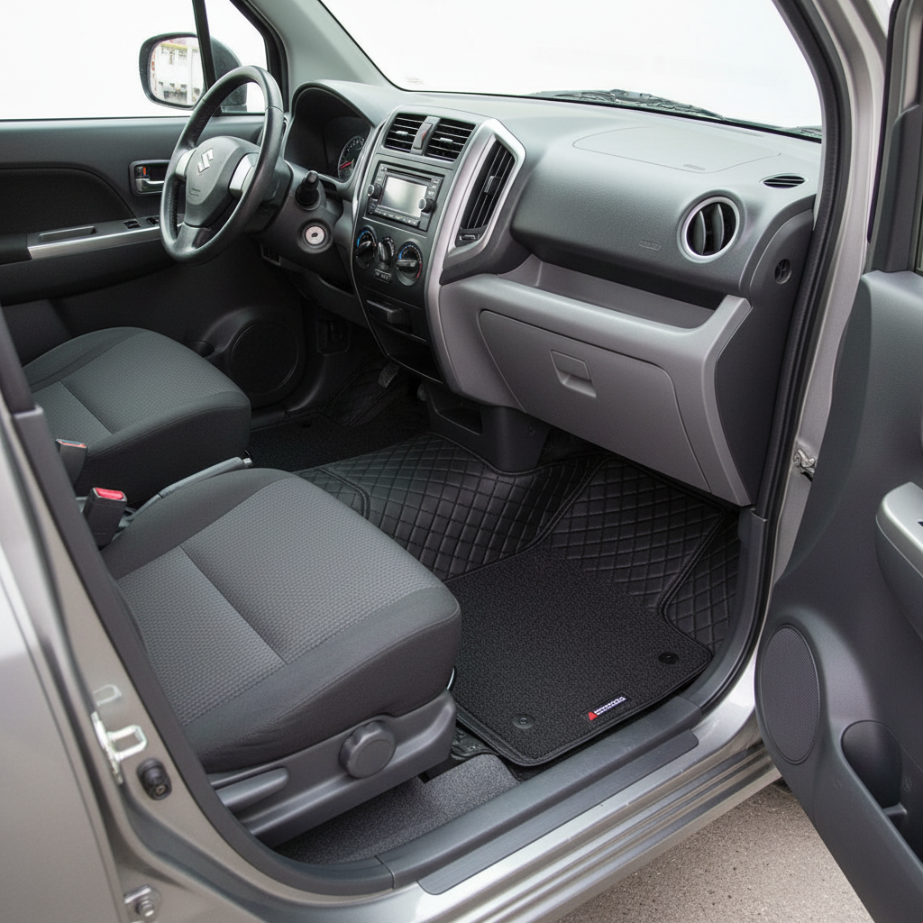 Suzuki Wagon R 9D Floor Mats Black With Black Grass 2014-2022 - Mix Thread