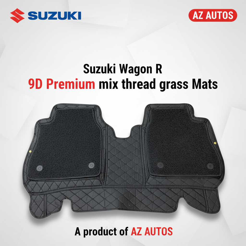 Suzuki Wagon R 9D Floor Mats Black With Black Grass 2014-2022 - Mix Thread
