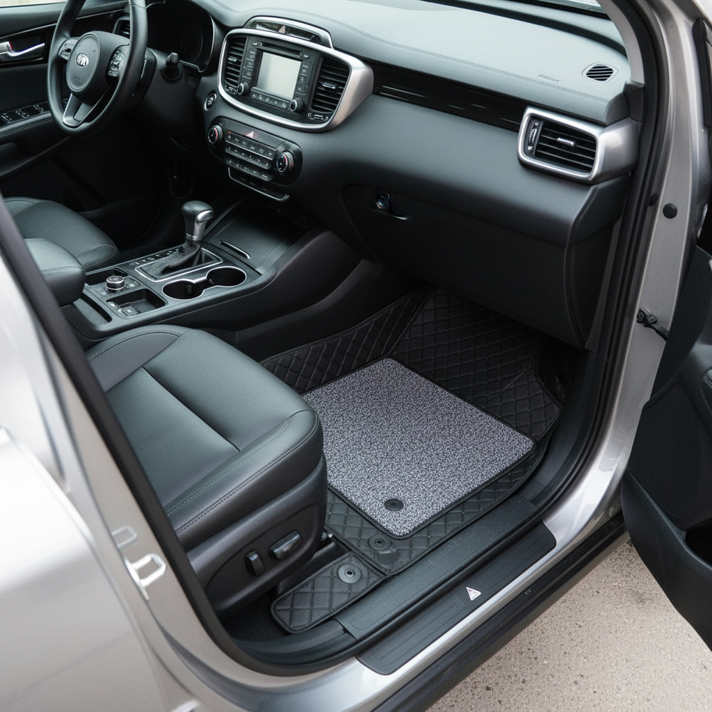 KIA Sorento 9D Floor Mats Black With Grey Grass 4 Pcs 2021-2024 - Mix Thread