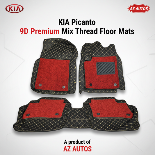 KIA Picanto 9D Floor Mats Mix Thread Grass 3 Pcs 2019 - 2025 - Black With Red