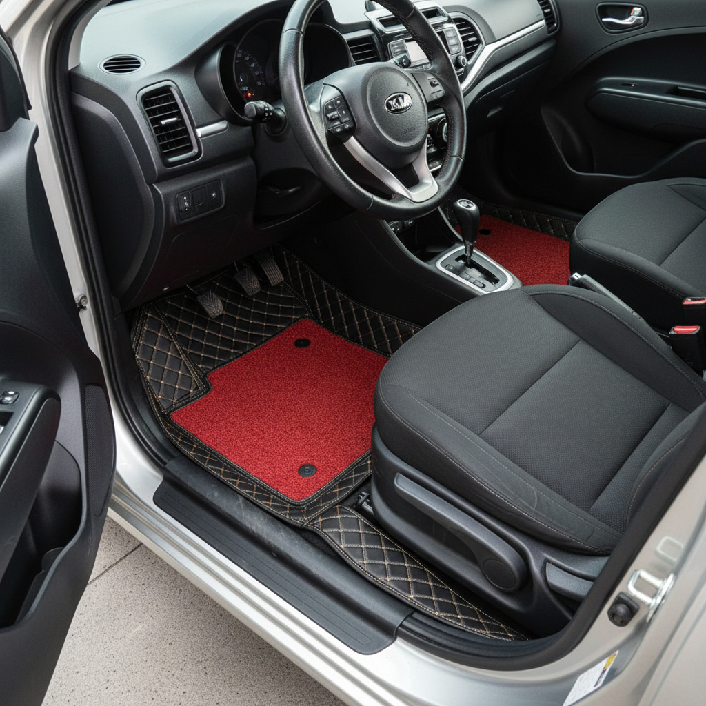 KIA Picanto 9D Floor Mats Mix Thread Grass 3 Pcs 2019 - 2025 - Black With Red