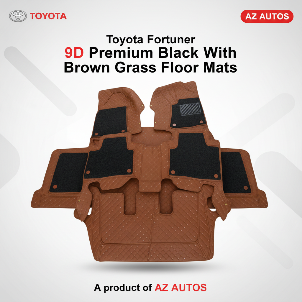 Toyota Fortuner 9D Floor Mats Mix Thread 4PC - Model 2016-2021 - Brown With Black Grass