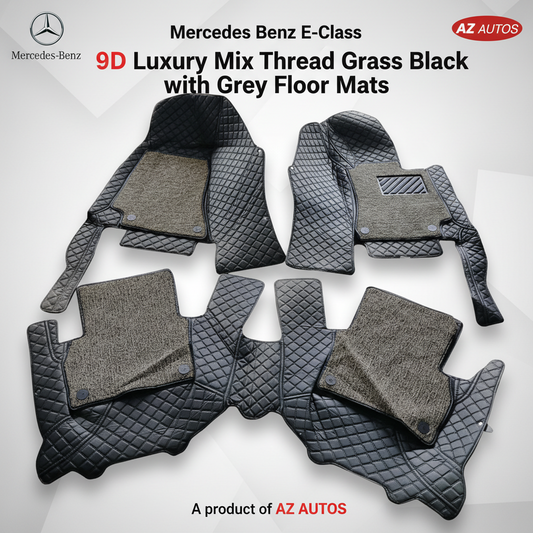 Mercedes Benz E-Class 9D Floor Mats 3 Pcs - Model 2016-2018 - Mix Thread Black With Grey Grass