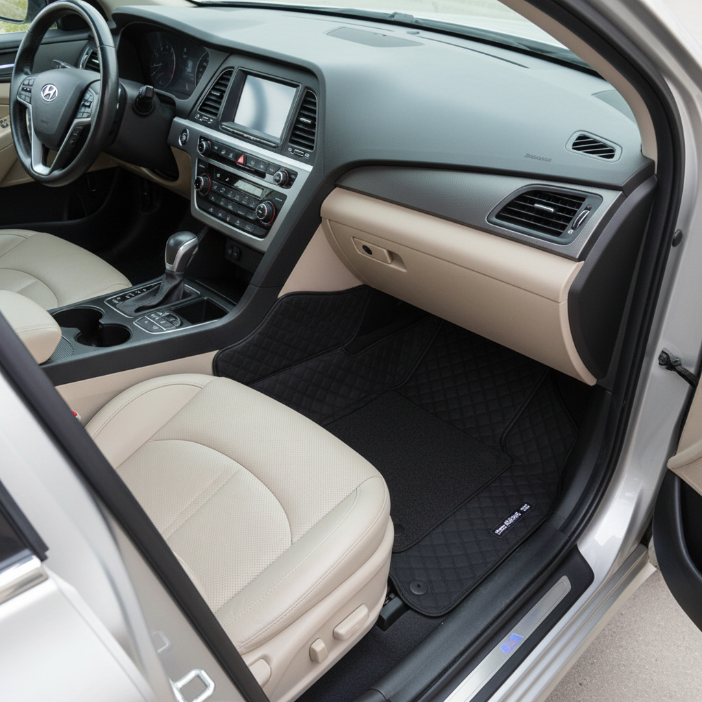 Hyundai Sonata 9D Floor Mats Mix Thread Grass 3 Pcs - Model 2021-2024 - Black With Black
