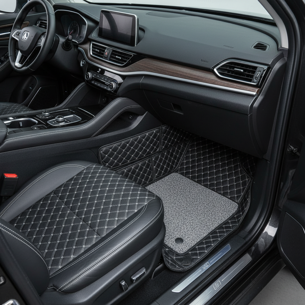 Changan Oshan X7 9D Floor Mats Mix Thread - Model 2022-2024 - Black With Grey Grass