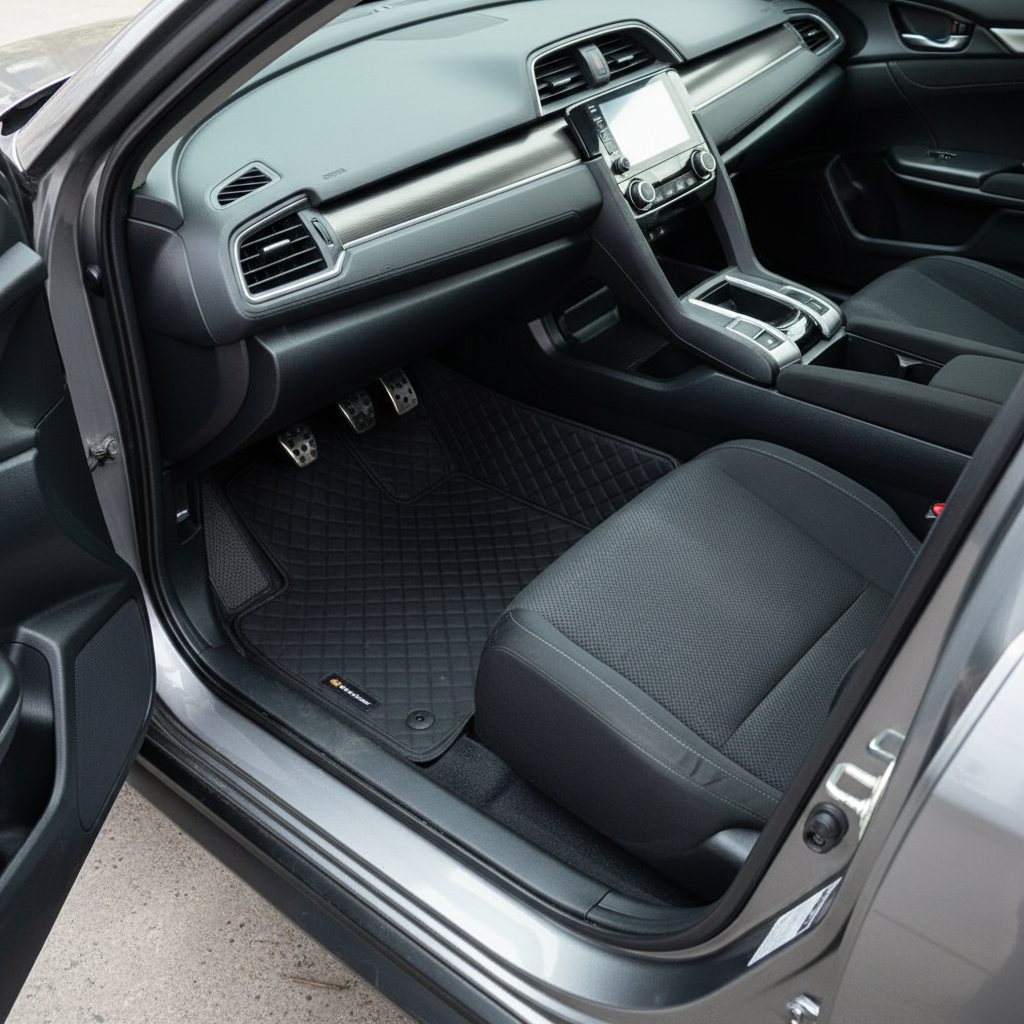Honda Civic 9D Floor Mats Mix Thread 3 Pcs - Model 2016-2024 - Black With Black Grass