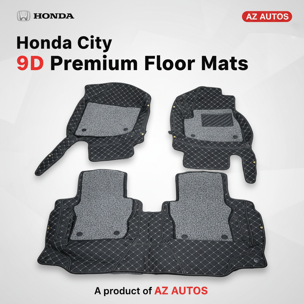 Honda City 9D Floor Mats Mix Thread Grass 2021-2022 - Black With Grey
