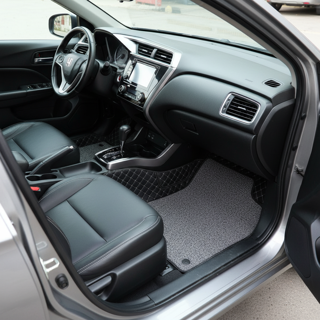Honda City 9D Floor Mats Mix Thread Grass 2021-2022 - Black With Grey