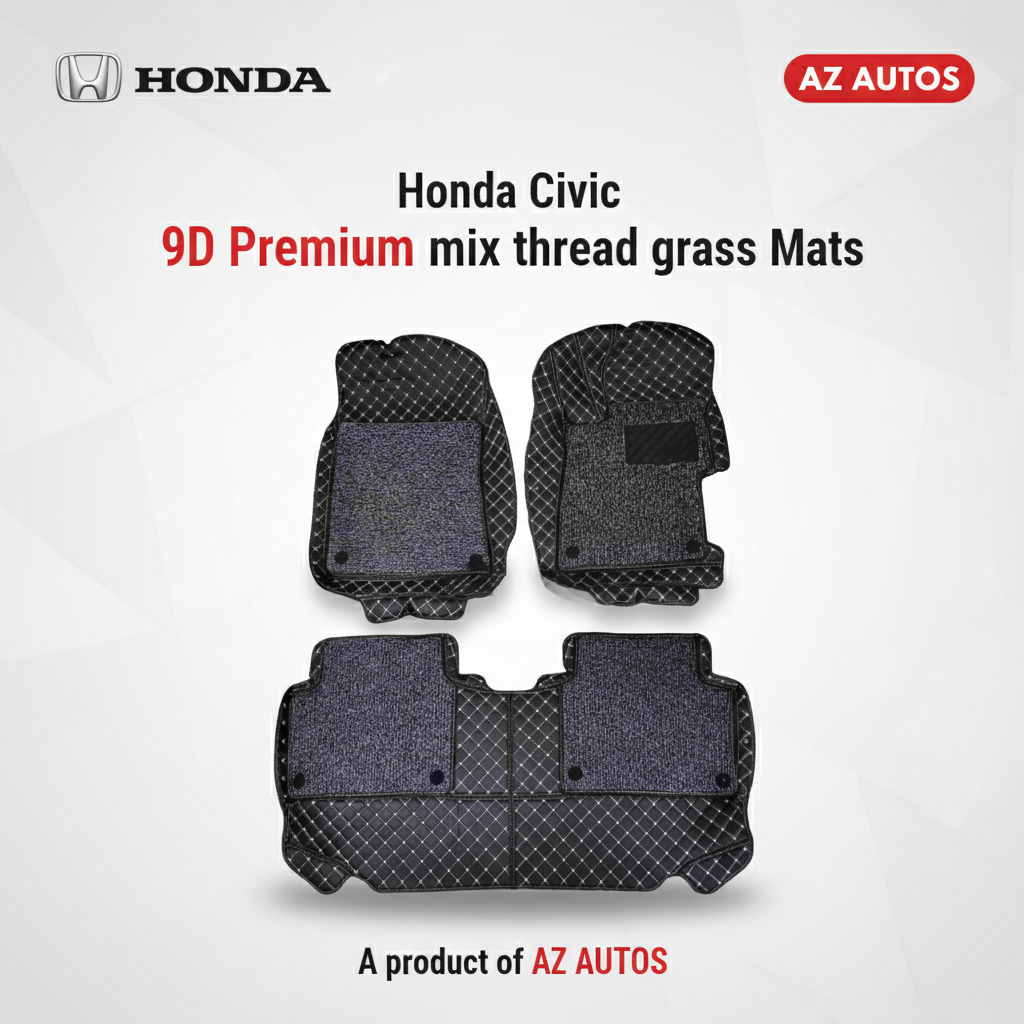 Honda Civic 9D Floor Mats With Mix Thread 2012-2016 - Black With Black Grass