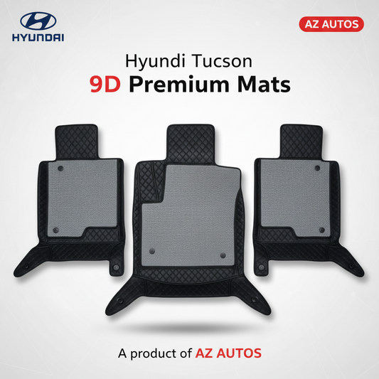 Hyundai Tucson 9D Floor Mats Mix Thread Grass 3 Pcs - Model 2020-2024 - Black With Grey