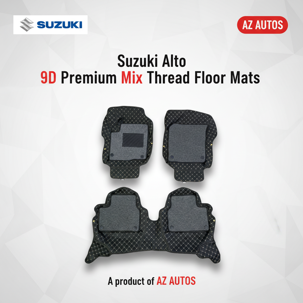Suzuki Alto 9D Floor Mats Mix Thread - Model 2019-2022 - Black With Grey Grass