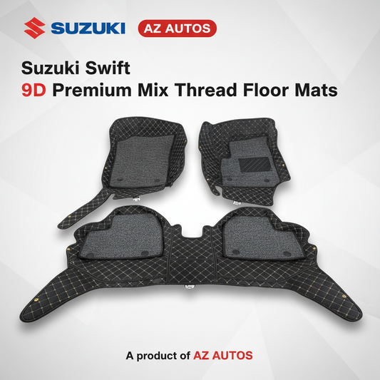 Suzuki Swift 9D Floor Mats Mix Thread 2022-2023 - Black With Grey Grass
