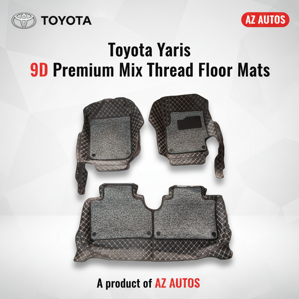 Toyota Yaris 9D Floor Mats Mix Thread Grass 3 Pcs - Model 2020-2021 - Black With Gray
