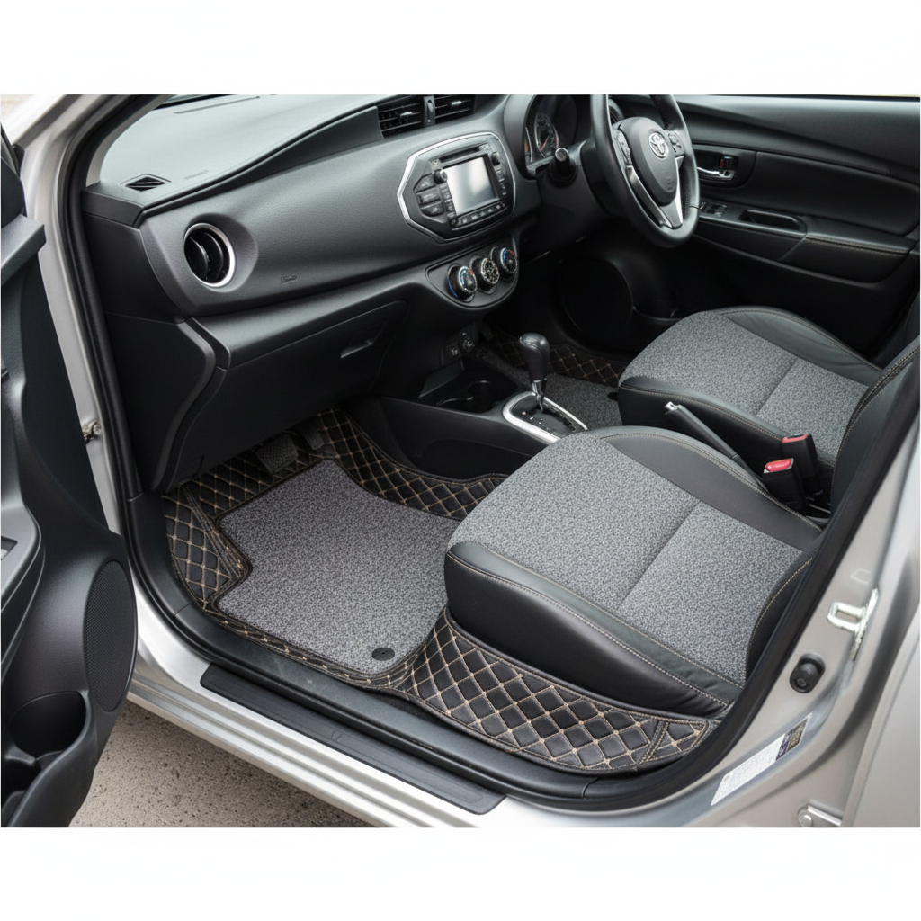 Toyota Yaris 9D Floor Mats Mix Thread Grass 3 Pcs - Model 2020-2021 - Black With Gray