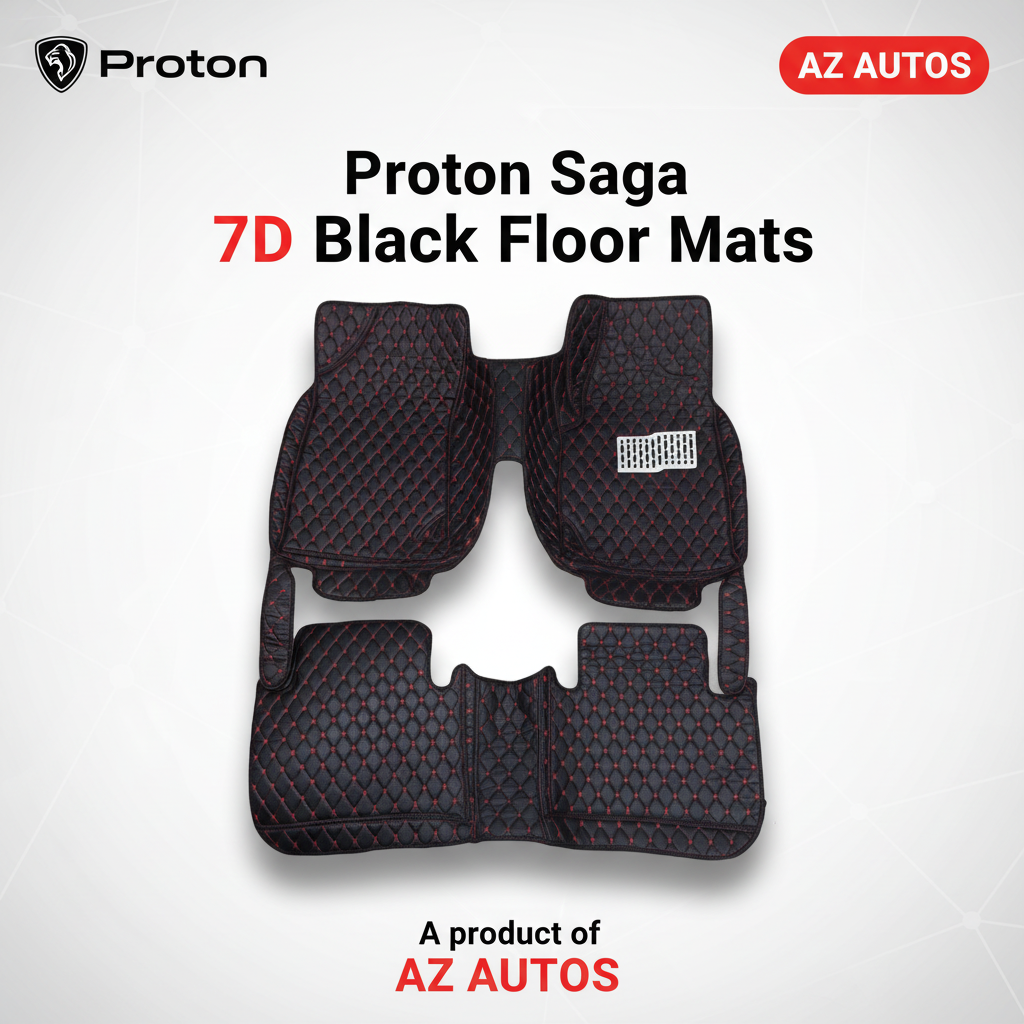 Proton Saga 7D Floor Mats Black 2021-2025 - Black Stitched Multicolor Thread | 3 PCS