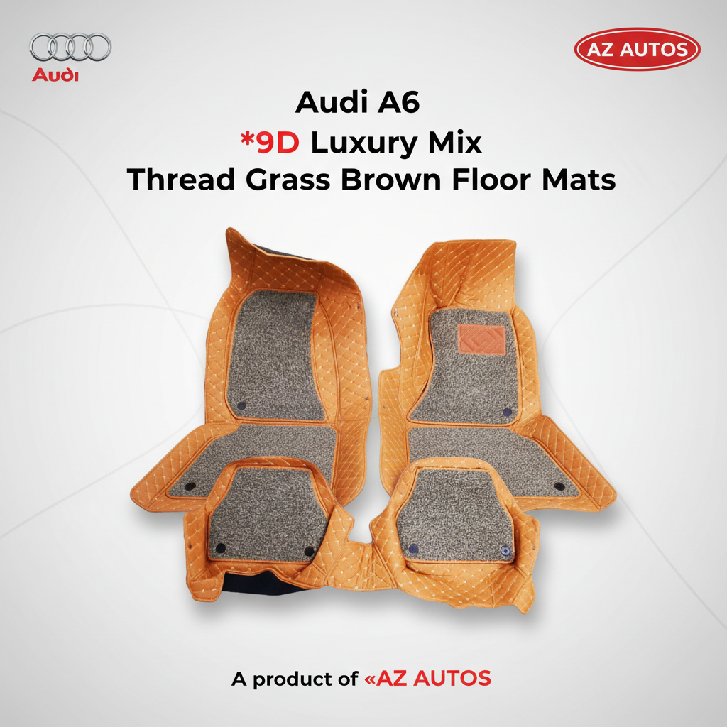 Audi A6 9D Luxury Floor Mats Mix Thread Grass 3 Pcs - Model 2011-2018 2011 - 2021 - Brown With Grey