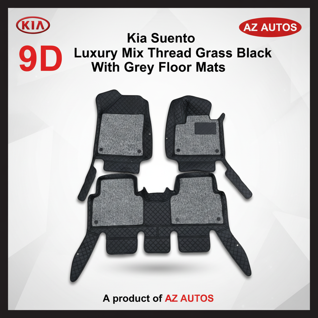 KIA Sorento 9D Floor Mats Mix Thread Grass 3 Pcs 2021-2024 - Black With Grey