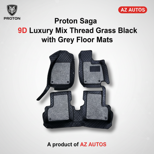 Proton Saga 9D Floor Mats Mix Thread Grass 3 Pcs 2021 - 2025 - Black With Grey