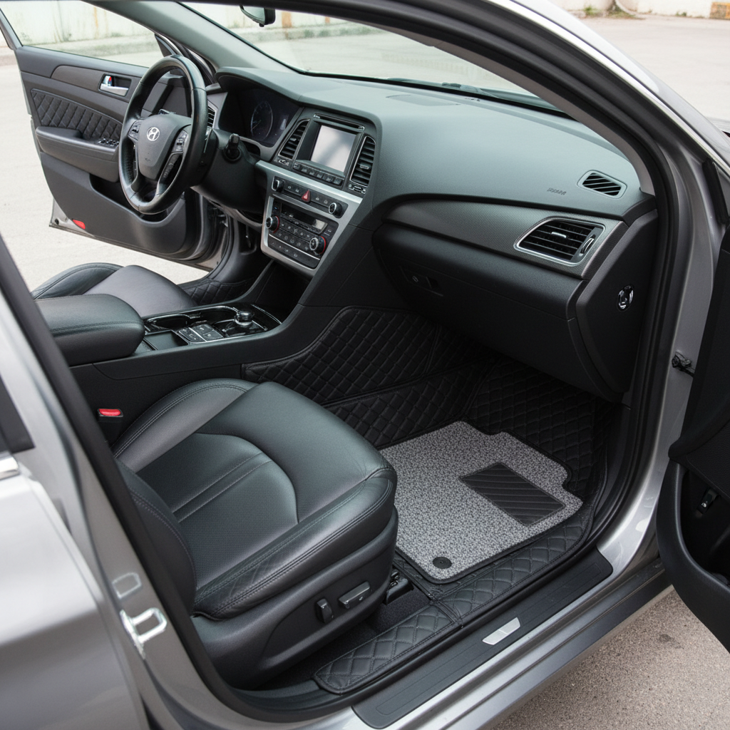 Hyundai Sonata 9D Floor Mats Mix Thread Grass 3 Pcs - Model 2021-2024 - Black With Grey