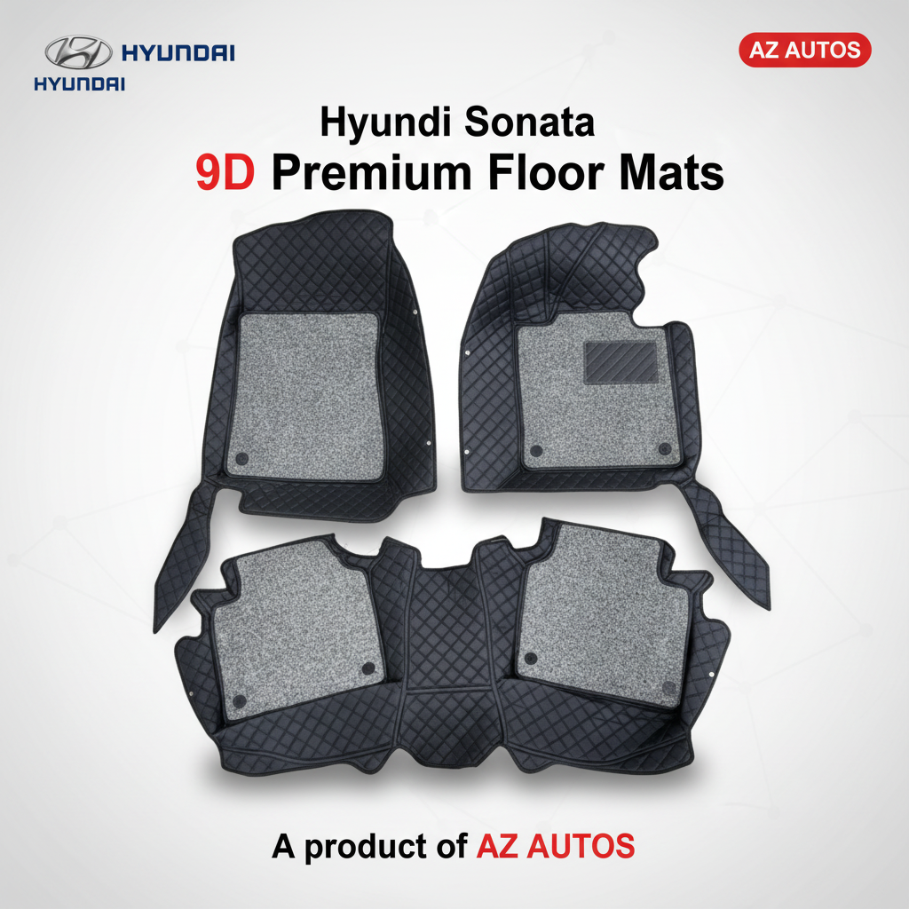 Hyundai Sonata 9D Floor Mats Mix Thread Grass 3 Pcs - Model 2021-2024 - Black With Grey