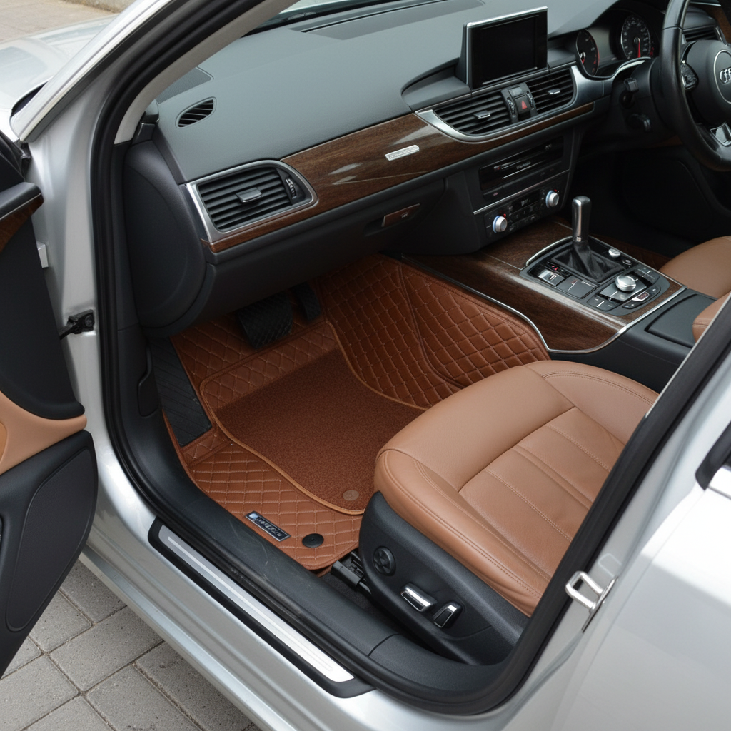 Audi A6 9D Floor Mats Mix Thread 3 Pcs - Model 2011-2018 2011 - 2021 - Brown Grass With Brown