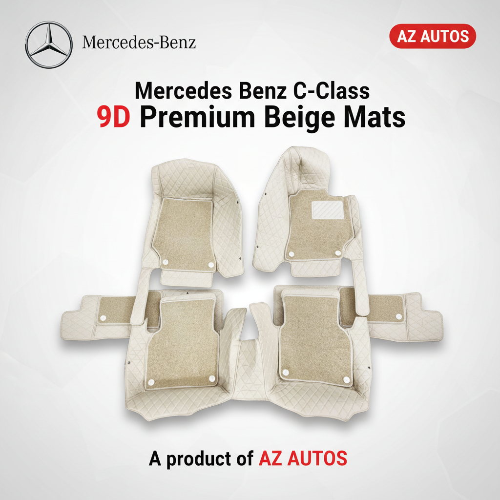 Mercedes Benz C-Class 9D Floor Mats Mix Thread 3 Pcs - Model 2014-2018 - Beige With Beige Grass