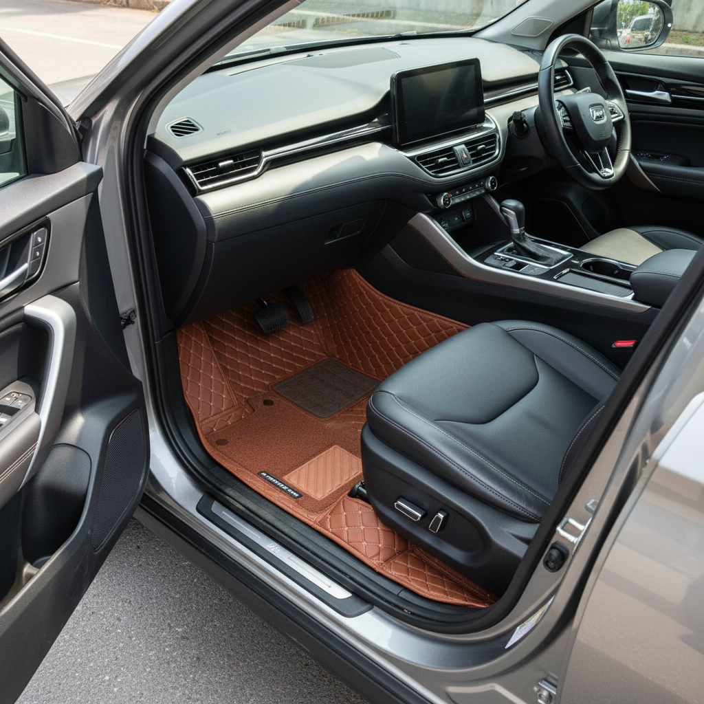 Haval Jolion 9D Floor Mats Mix Thread Grass 3 Pcs - Model 2021-2024 - Brown With Brown