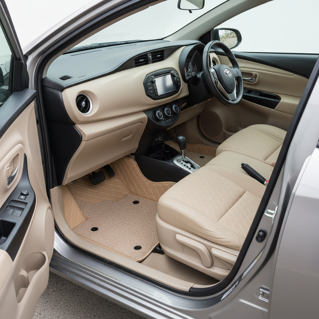Toyota Yaris 9D Floor Mats Mix Thread Grass 3 Pcs - Model 2020-2021 - Beige With Beige