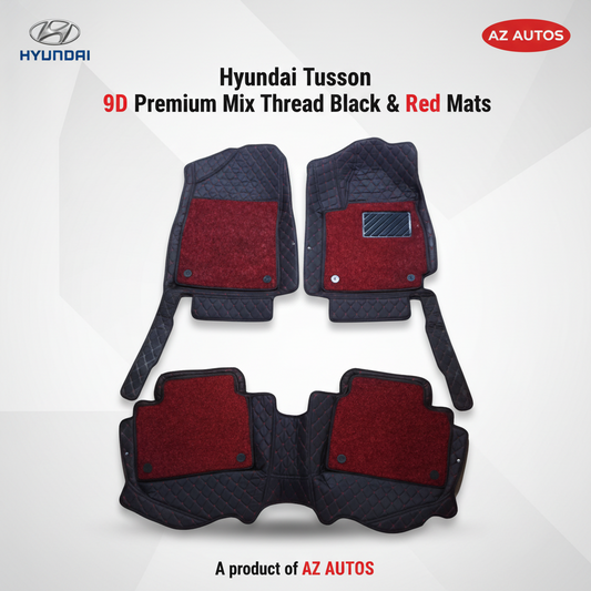 Hyundai Tucson 9D Floor Mats Mix Thread Grass 3 Pcs 2020 - 2024 - Black With Red