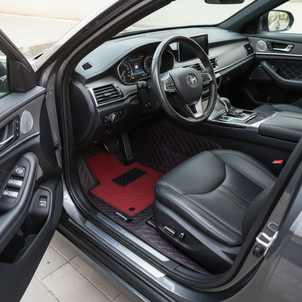 Hyundai Tucson 9D Floor Mats Mix Thread Grass 3 Pcs 2020 - 2024 - Black With Red