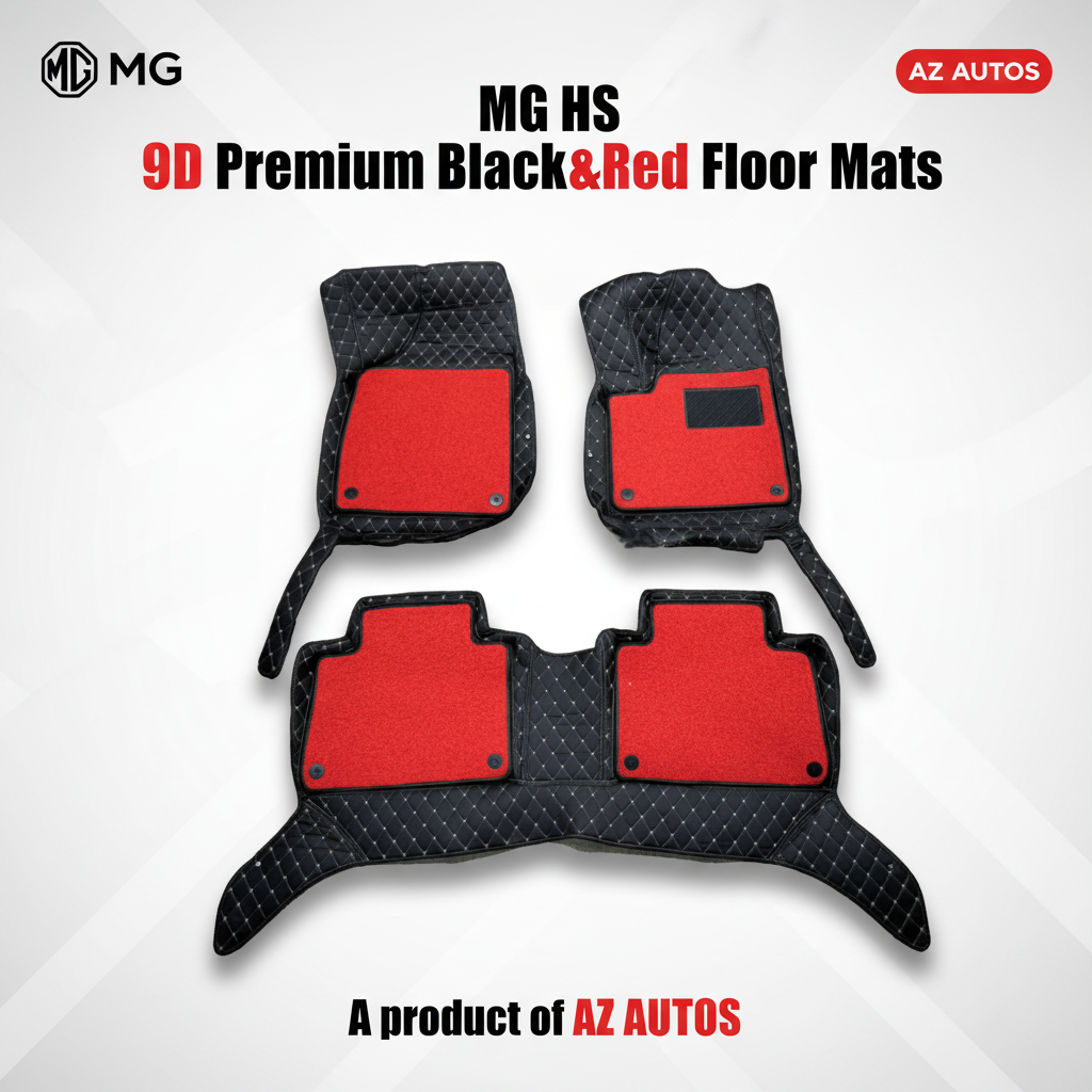 MG HS 9D Floor Mats Mix Thread Grass 3 Pcs - Model 2020-2021 - Black With Red