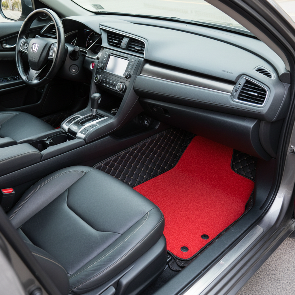 Honda Civic 9D Floor Mats Mix Thread 3 Pcs - Model 2016-2022 - Black and Red