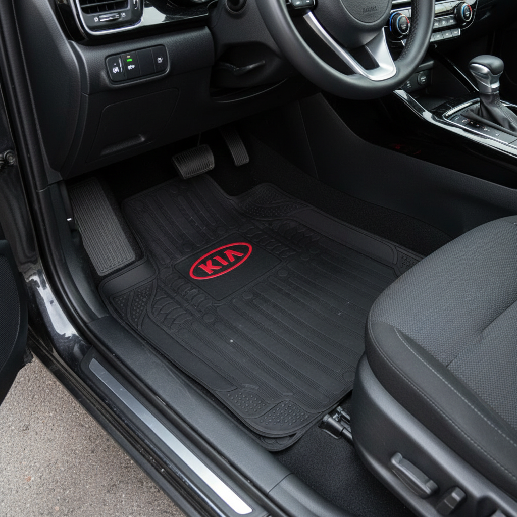 KIA Motors Universal PVC Rubber Floor Mat Black Red Mix Design 5 Pcs - Rubber Floor Mats | Car Mats | Vehicle Mats | Foot Mat For Car | Latex Mats