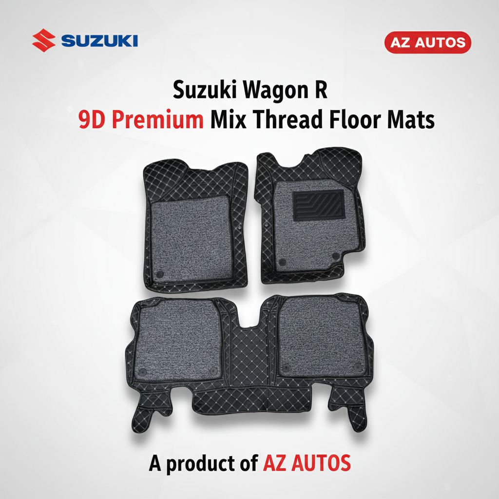 Suzuki Wagon R 9D Floor Mats Mix Thread - Model 2014-2022 - Black With Grey Grass