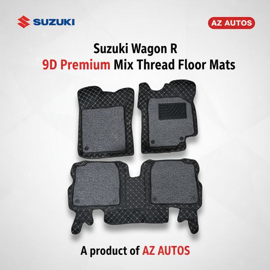 Suzuki Wagon R 9D Floor Mats Mix Thread - Model 2014-2022 - Black With Grey Grass